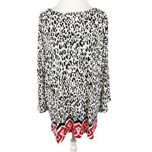 Chicos Jersey Knit Leopard Tunic Ikat Hem Boxy Lagenlook Chic Artsy Size 3 = XL